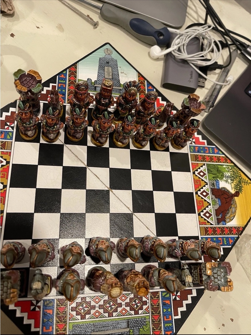 Vintage Folding Wood Chess Set Aztecs vs Conquistadors Hand Carved Painted Rare!